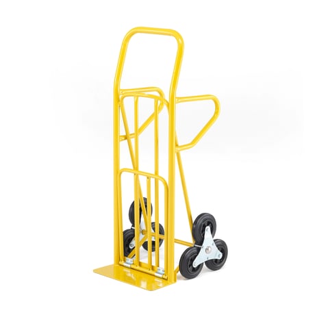 A yellow stair climbing sack truck with three wheels on each side