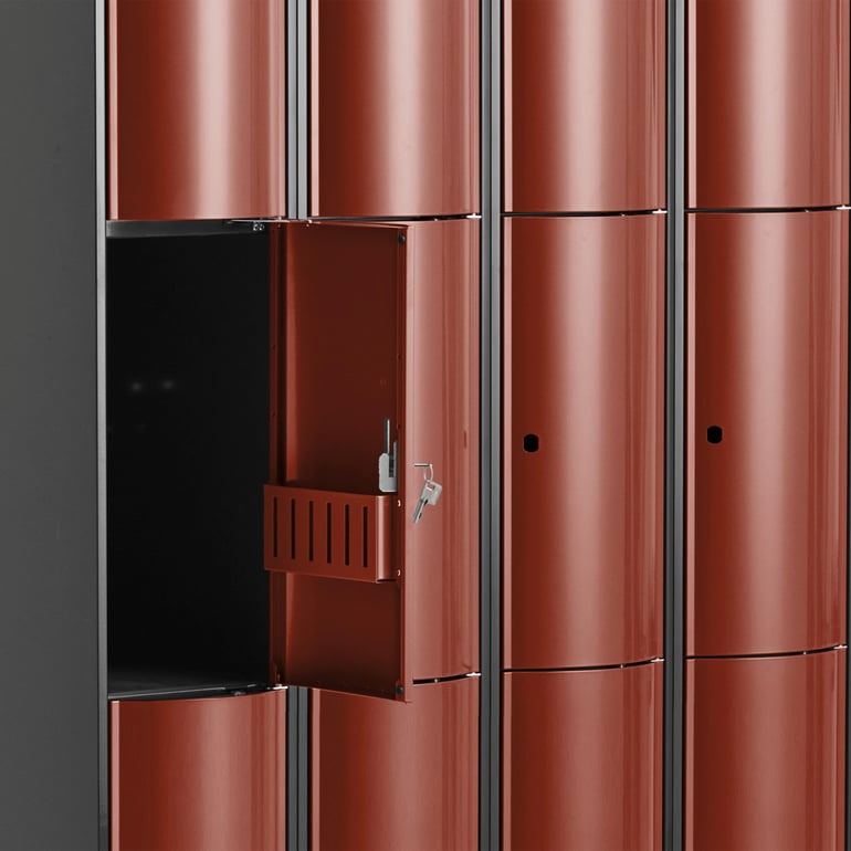 Lockable clothes lockers with red doors