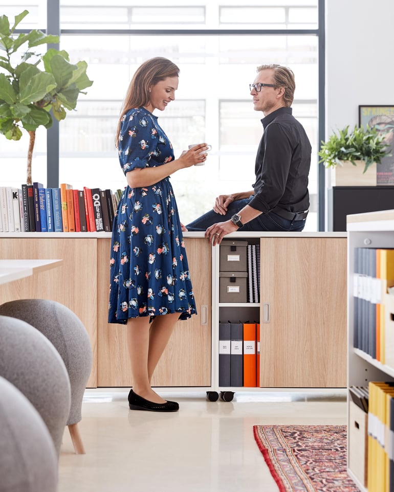 Colleagues chat by office storage solutions