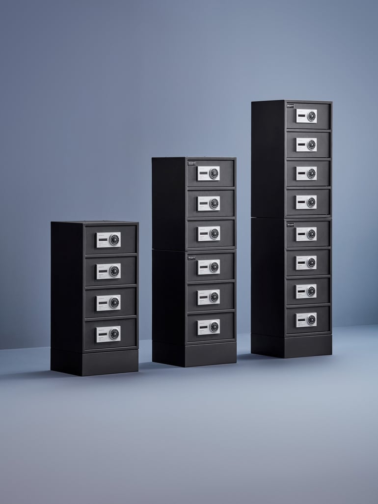 three black valuable storage cabinets