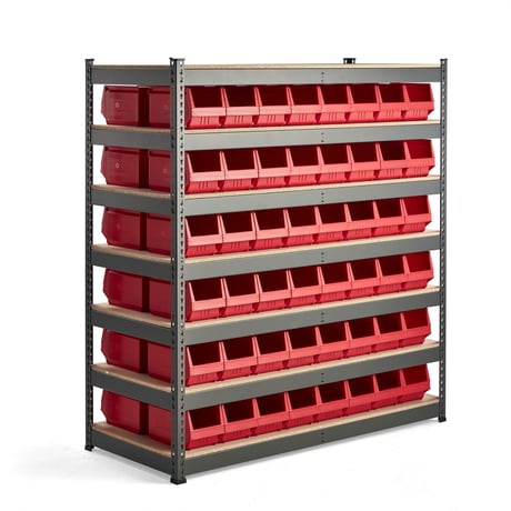 Shelving system with stackable plastic trays placed back to back for access from two sides