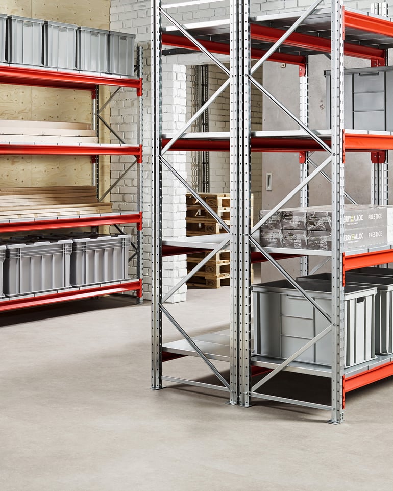 Substantial warehouse shelves loaded with heavy goods