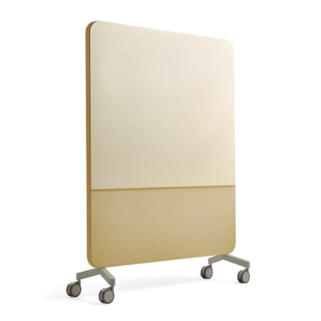 A yellow glass writing board on castors with sound-absorbent fabric