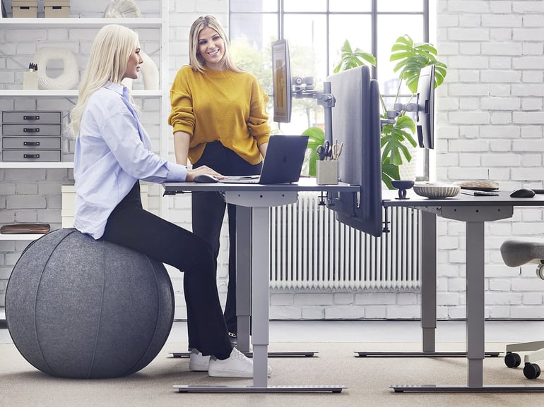 En kvinde sidder på en balancebold og arbejder ved et hæve sænkebord, mens en kollega står ved siden af