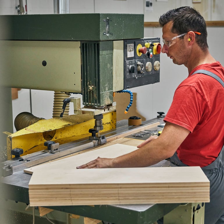 Človek uporablja stroj za rezanje lesenih desk na želeno velikost