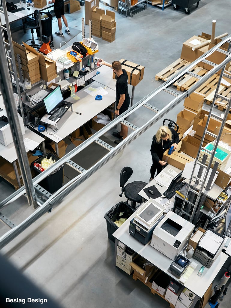 Birds' eye view of warehouse packing station