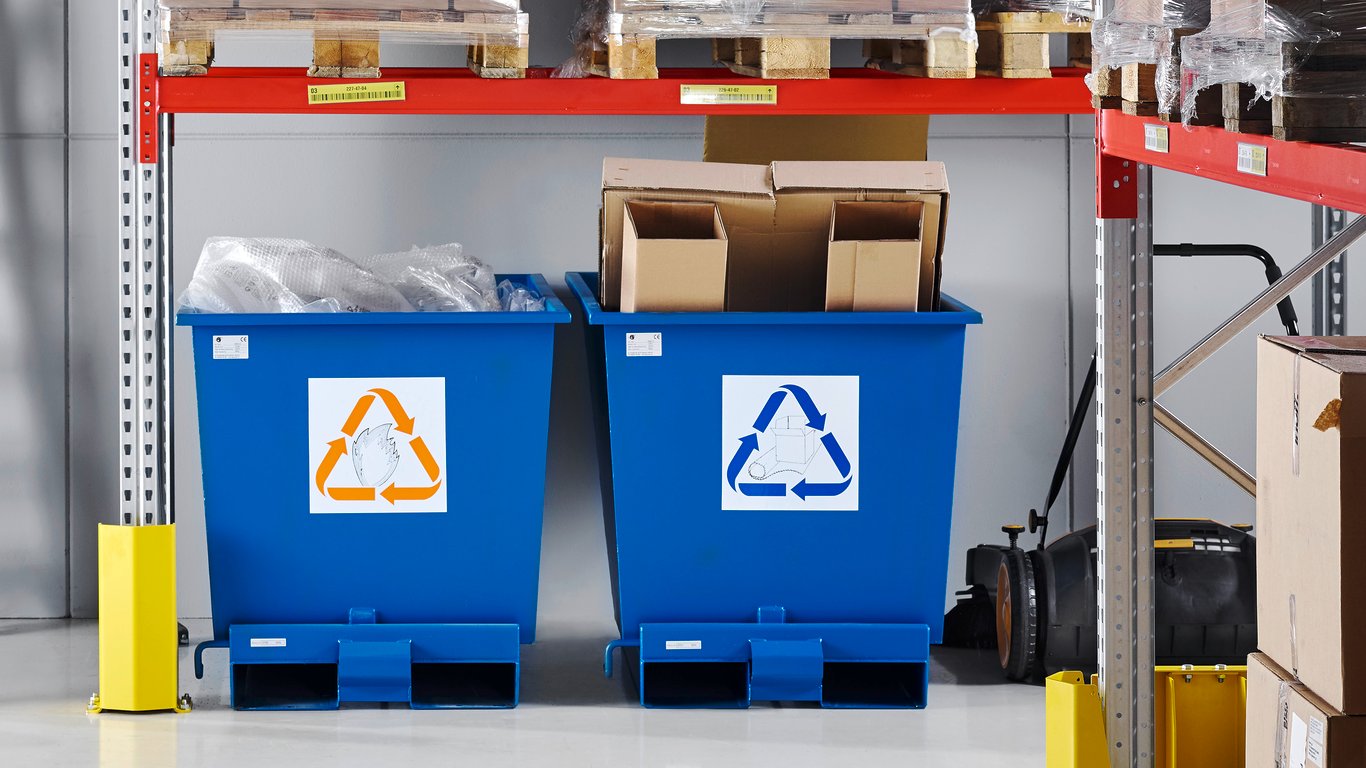Recycling bins in warehouse