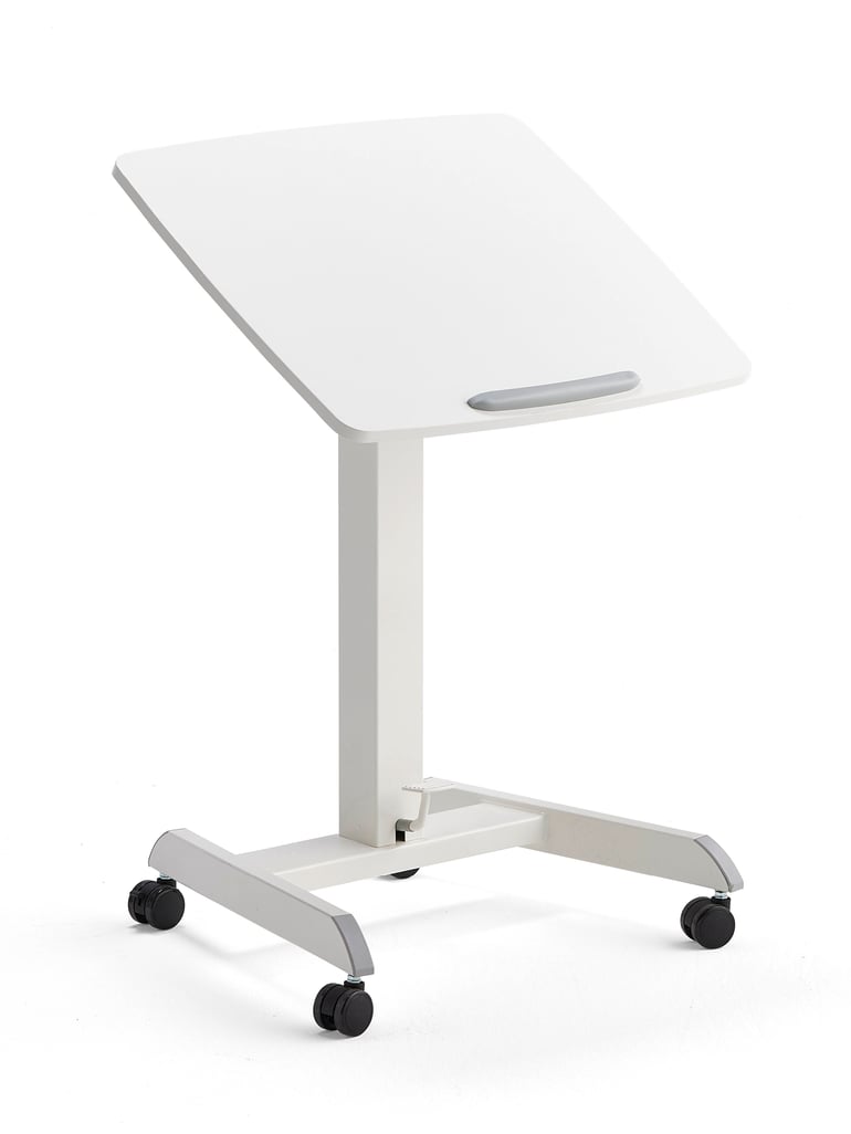 Small white desk on wheels with tilted desktop