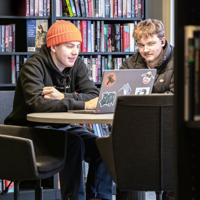 To drenge ved et bord foran en bogreol kigger på en bærbar computer