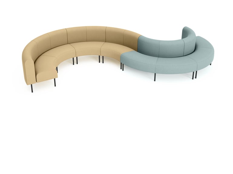 Curved S-shaped sofa that is half yellow and half blue