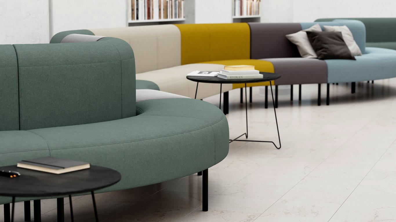 Long curved sofa with modules in different colours