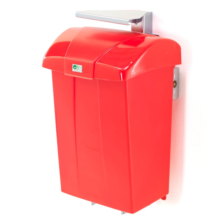 Red wall-mounted battery bin