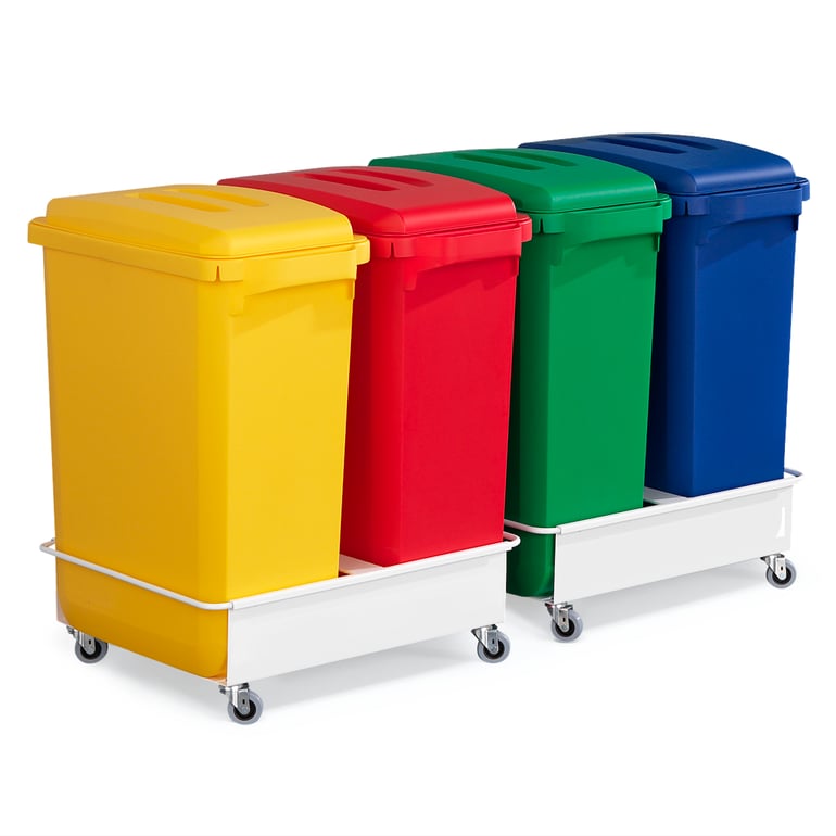 Four coloured recycling bins on a trolley