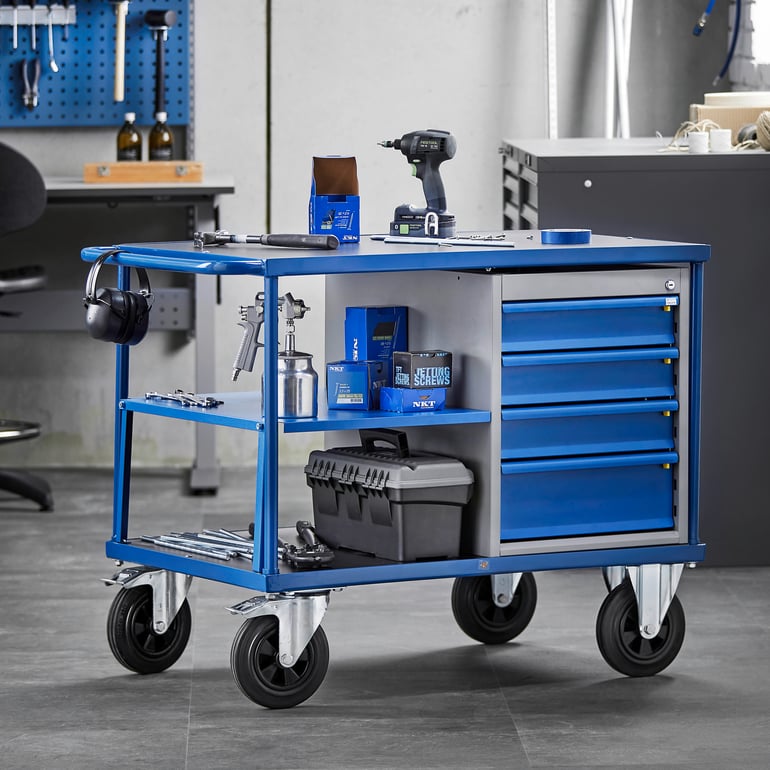 Workshop trolley with drawers and open shelf