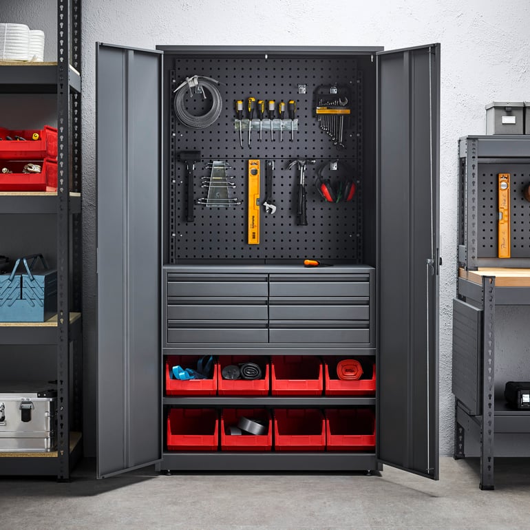 Tool storage cabinet in dark grey steel with drawers and parts bins