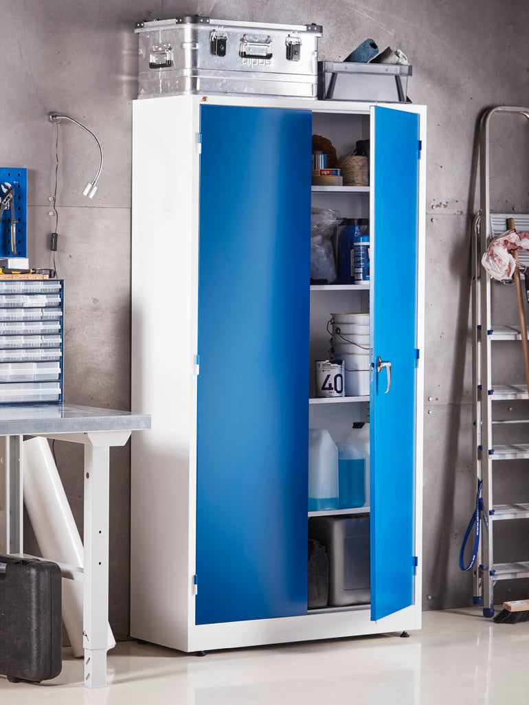 Steel workshop storage cabinet with blue doors