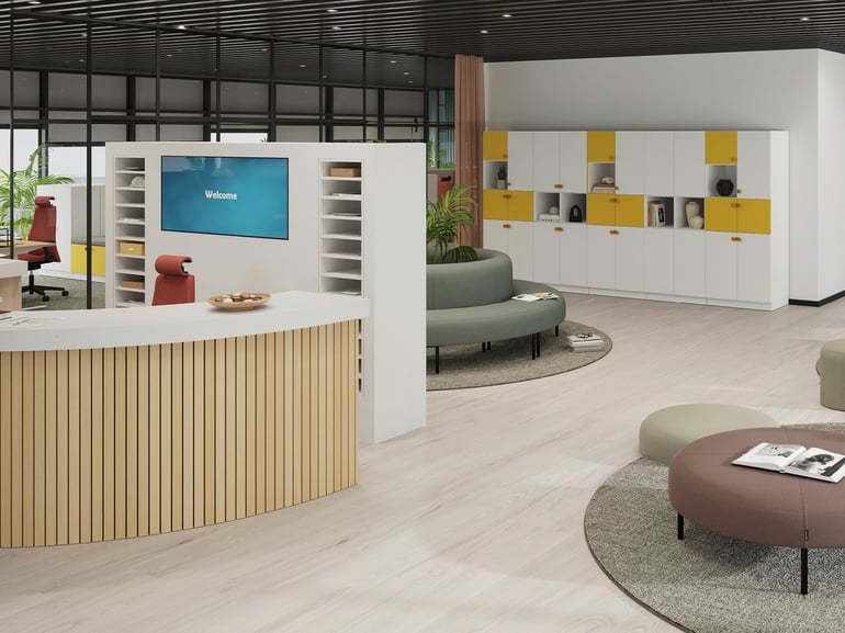 Lobby area with reception desk, seating and lockers