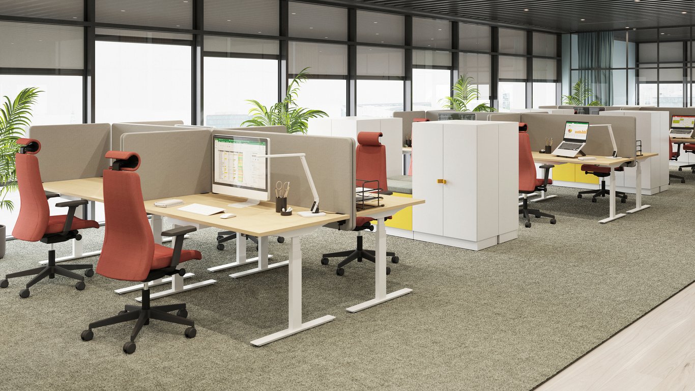 Open office with desks, office chairs and cabinets