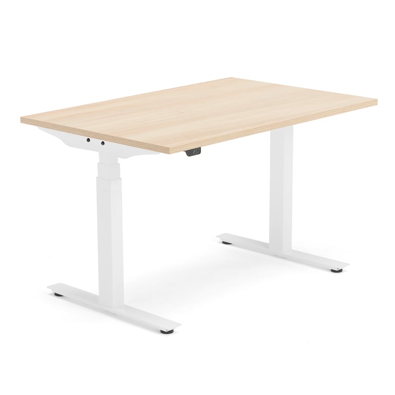 Sit-stand desk with white frame and oak desktop