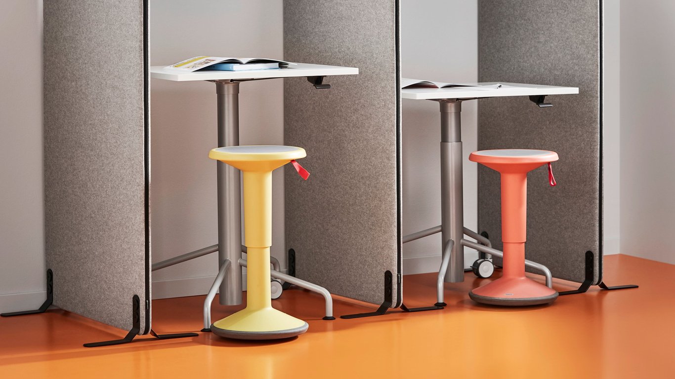 Height-adjustable stools and desks with sound absorbing floor screens