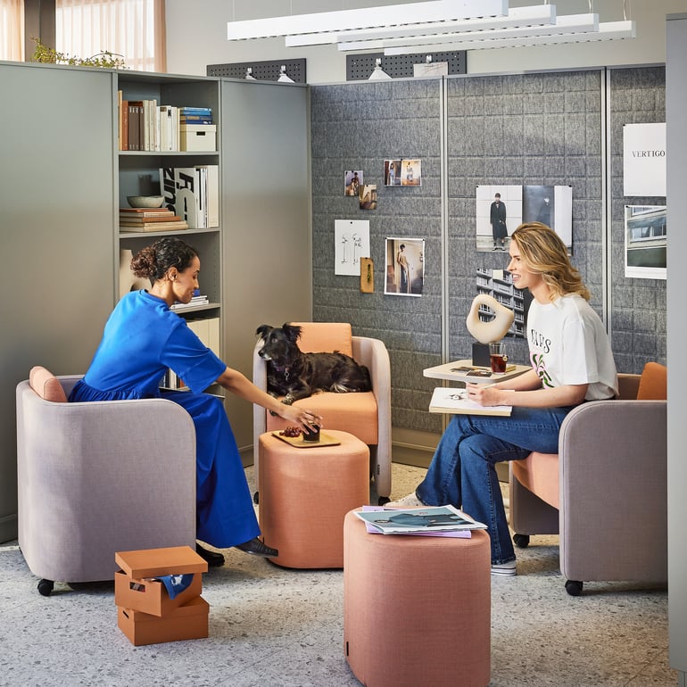 two women and a dog sitting in an office