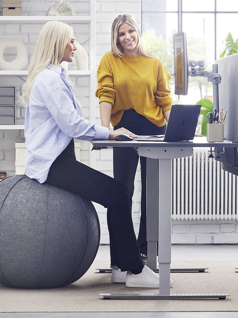 En person sidder på en balancebold ved sit skrivebord og taler med en anden person som står ved siden af
