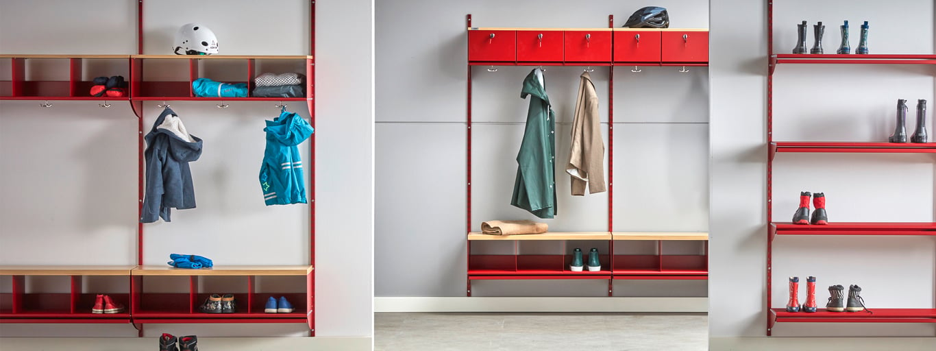 Cloakroom featuring red coat racks and shoe racks.