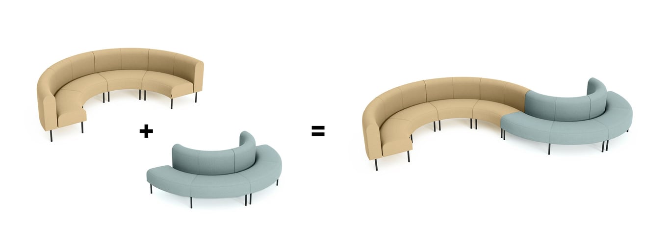 Puoliympyrän muotoiset sohvat, joista rakennetaan suurempi kokonaisuus