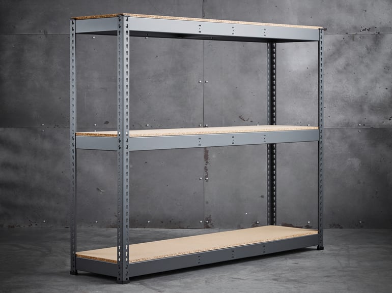 Grey steel shelving unit with chipboard shelves