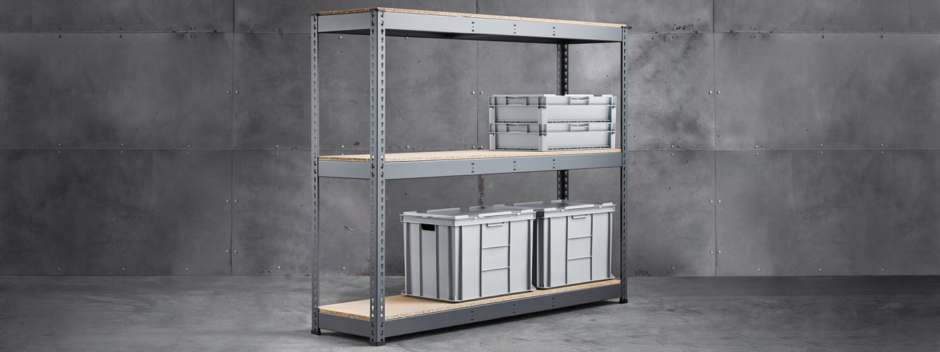 Grey steel sheving unit with plastic storage boxes