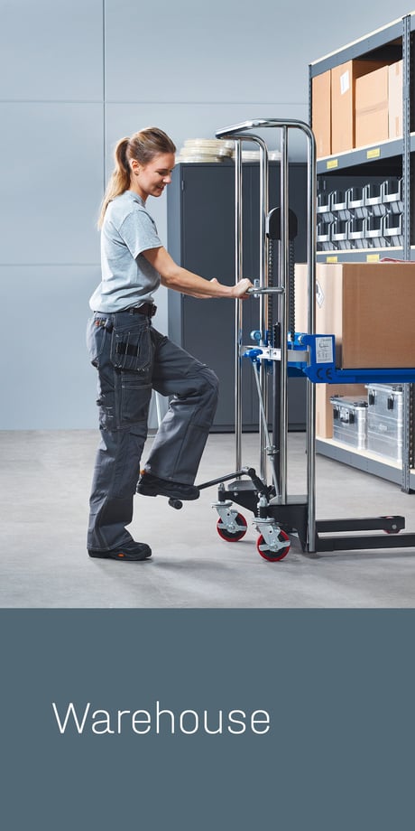 Warehouse - person using a lift trolley to pick goods from warehouse shelving