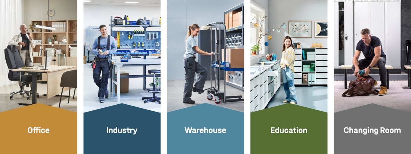 Infographic showing product categories of office, industry, warehouse, education, changing room