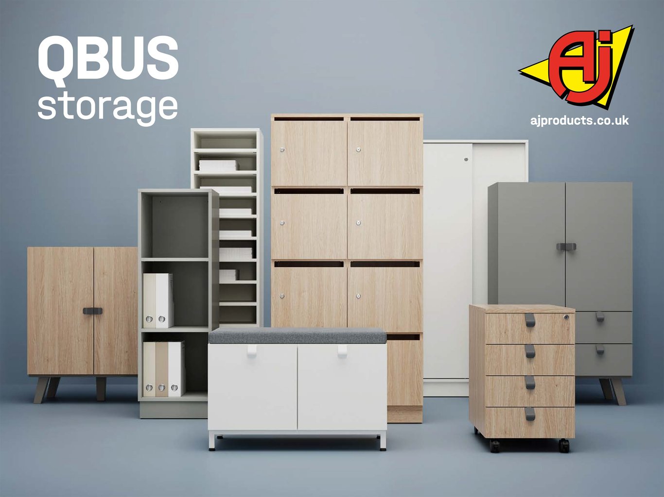 Front cover of brochure with QBUS storage furniture