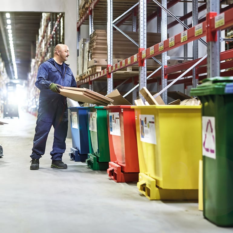 Recycling bins in a warehouse