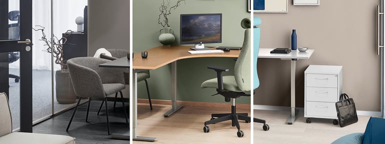 An office with desk and chair in multiple different colour versions