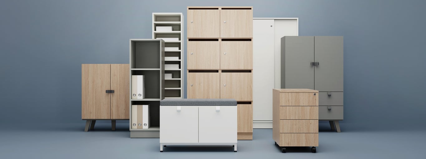 Open shelving and closed storage cabinets