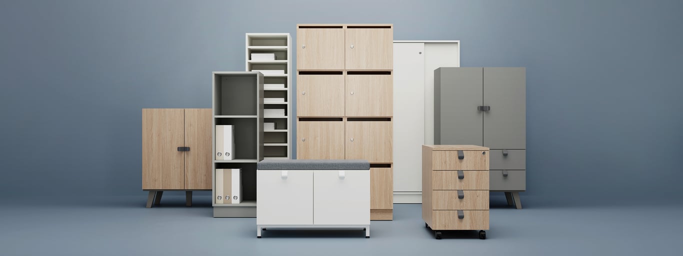 Open shelving and closed storage cabinets